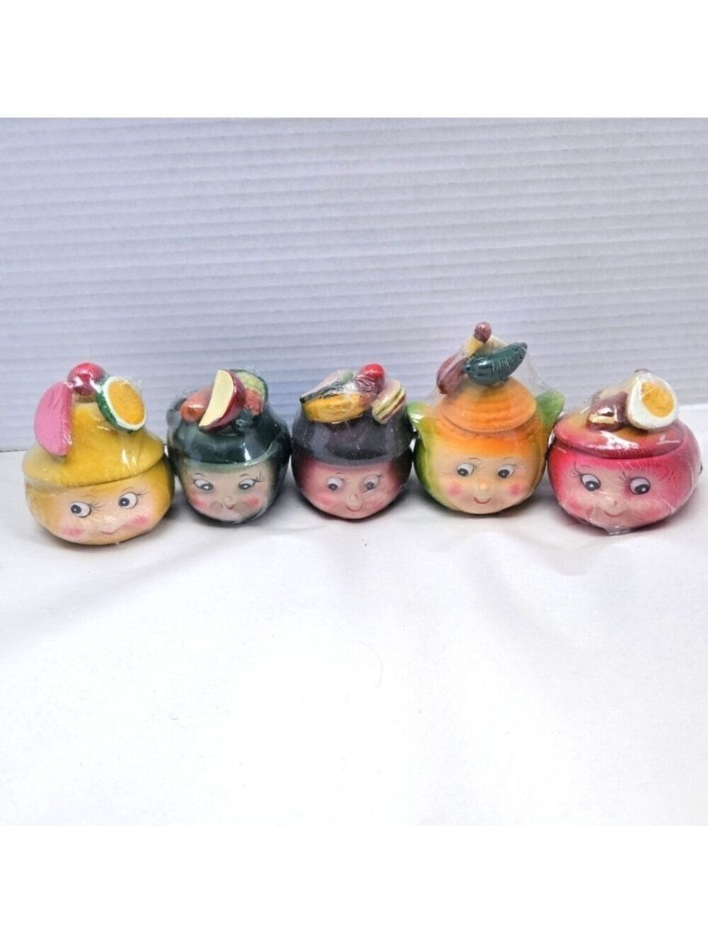 Vintage Set of 5 Hildi Anthropomorphic Ceramic Fruit and Veggies Candle Jars